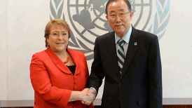 Durante 15 minutos la Presidenta Michelle Bachelet, sostuvo un encuentro con el secretario general de Naciones Unidas, Ban Ki Moon.