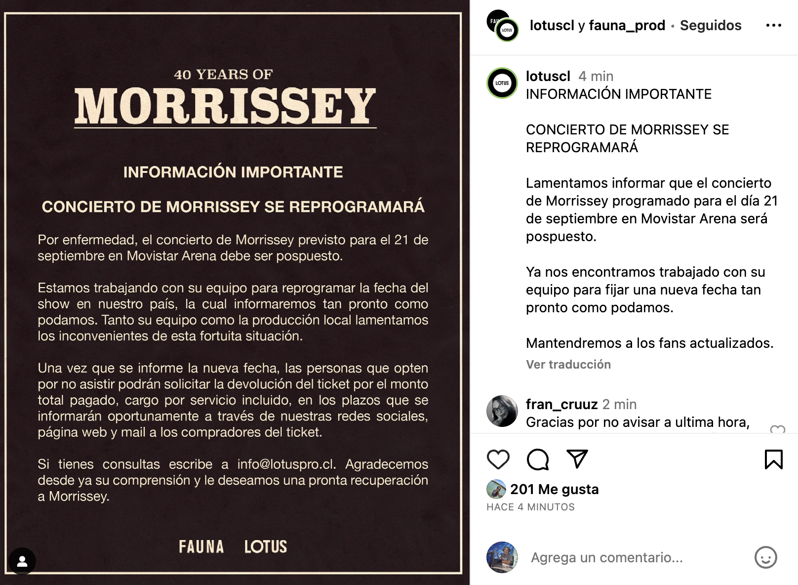 Show de Morrissey en Chile suspendido