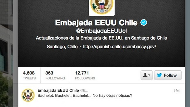 Embajada estadounidense en Chile se disculpó por tuit sobre Bachelet