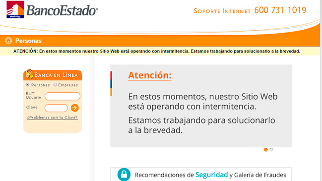 BancoEstado presenta intermitencias en sitio web y servicio telefónico