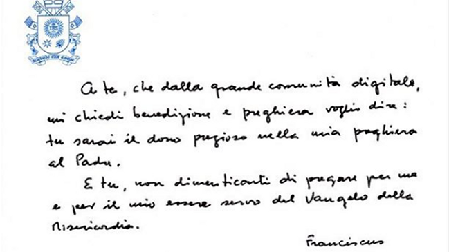 El papa envía su primer mensaje escrito a mano a sus seguidores de Instagram