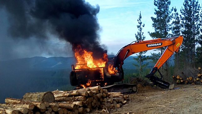 Nuevo ataque incendiario en Ercilla dejó vehículos y maquinaria forestal destruida