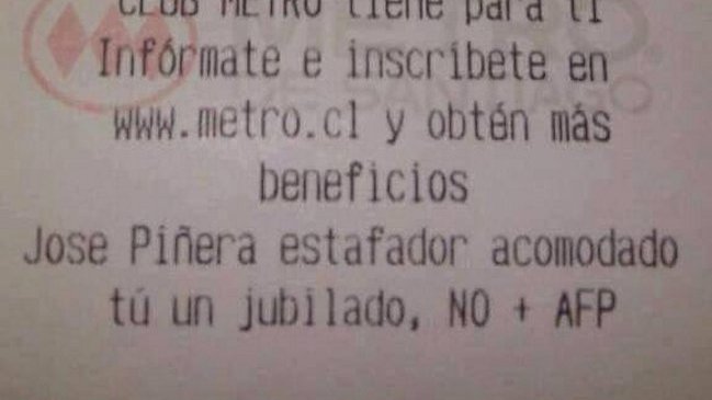 Comprobante de carga de tarjeta Bip! emitió mensaje contra José Piñera