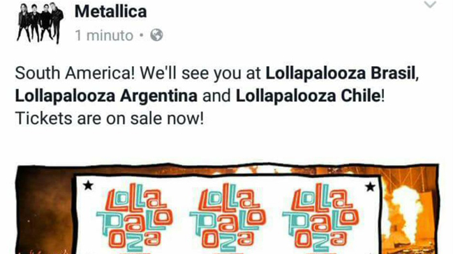 Por error, Metallica confirmó que estará en Lollapalooza Chile