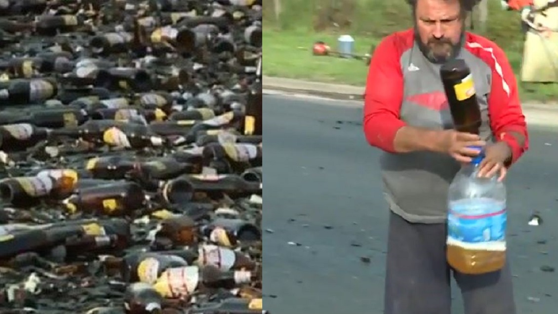 Camión con cervezas volcó y vecinos aprovecharon de llenar bidones