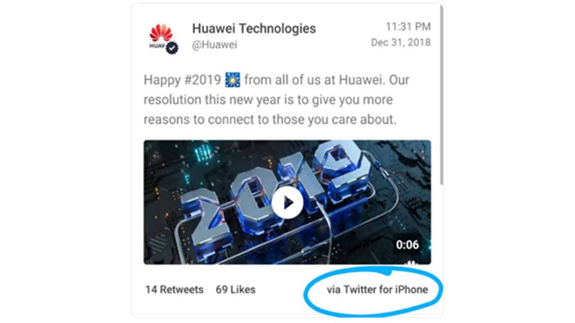 Huawei castigó a dos empleados por tuit corporativo enviado desde un iPhone