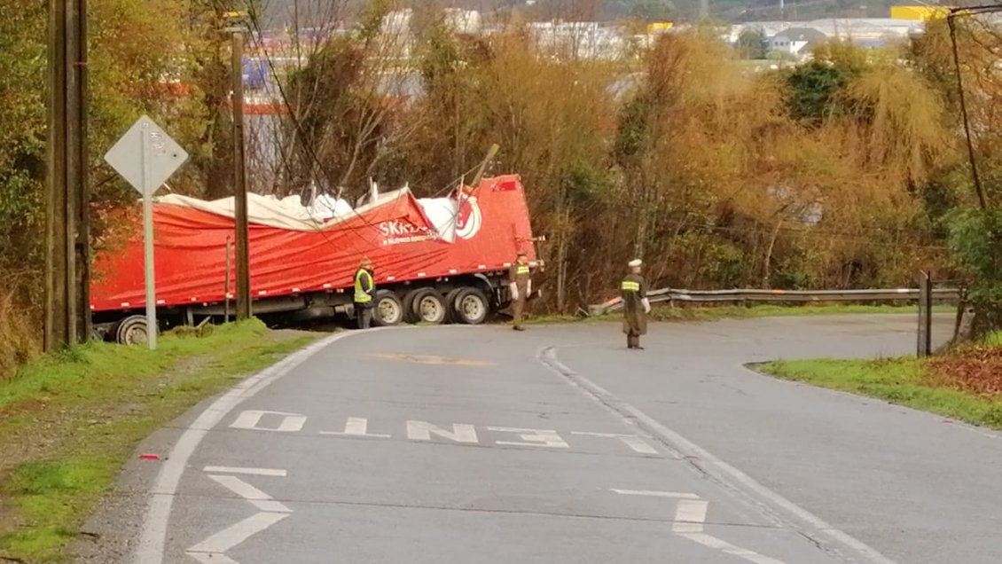 Camión con alimento para peces arrasó con postes del tendido eléctrico en Puerto Montt