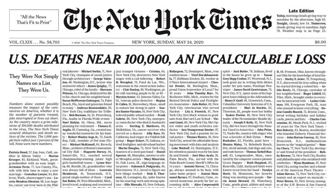New York Times llenó portada con obituarios de fallecidos por Covid-19 en EEUU