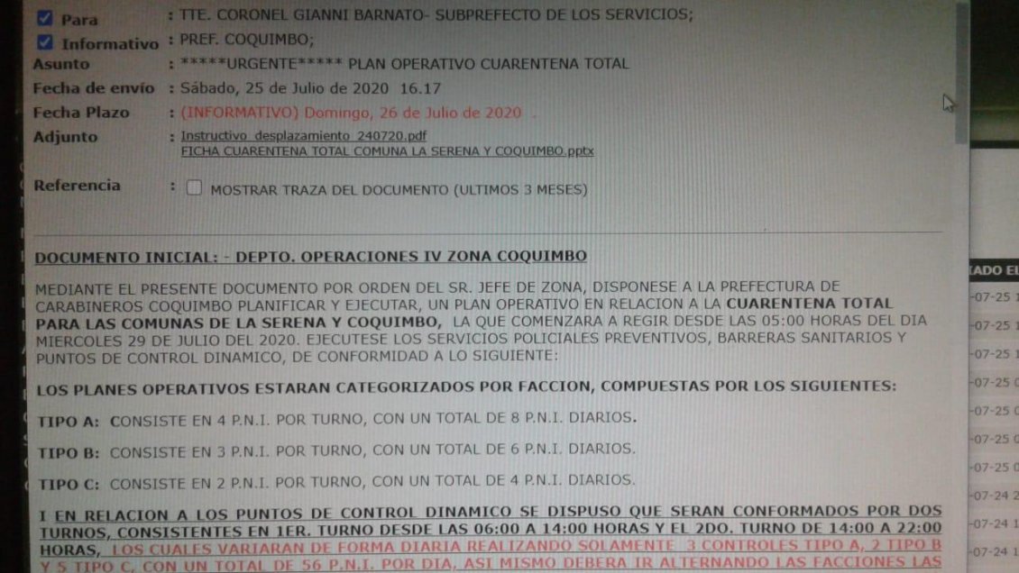 Correo de Carabineros filtrado sobre cuarentena para Coquimbo y La Serena fue una instrucción preventiva