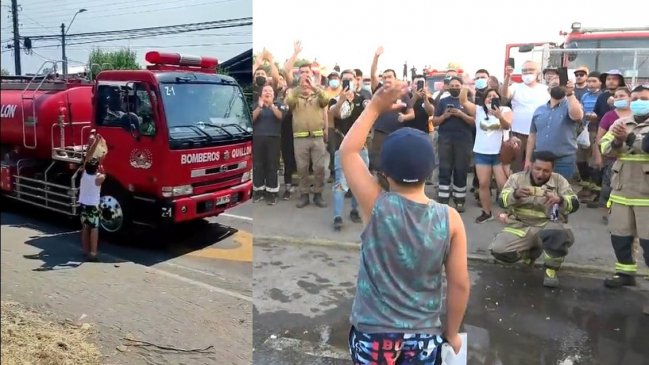 Quillón: Homenajean a niño que paró un carro de Bomberos para regalar botellas de agua