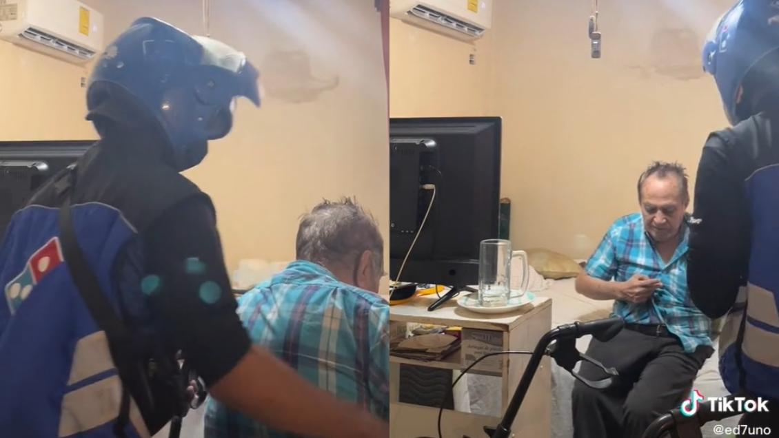 Adulto mayor pide pizza a domicilio para que el repartidor lo ayude a subir a su cama