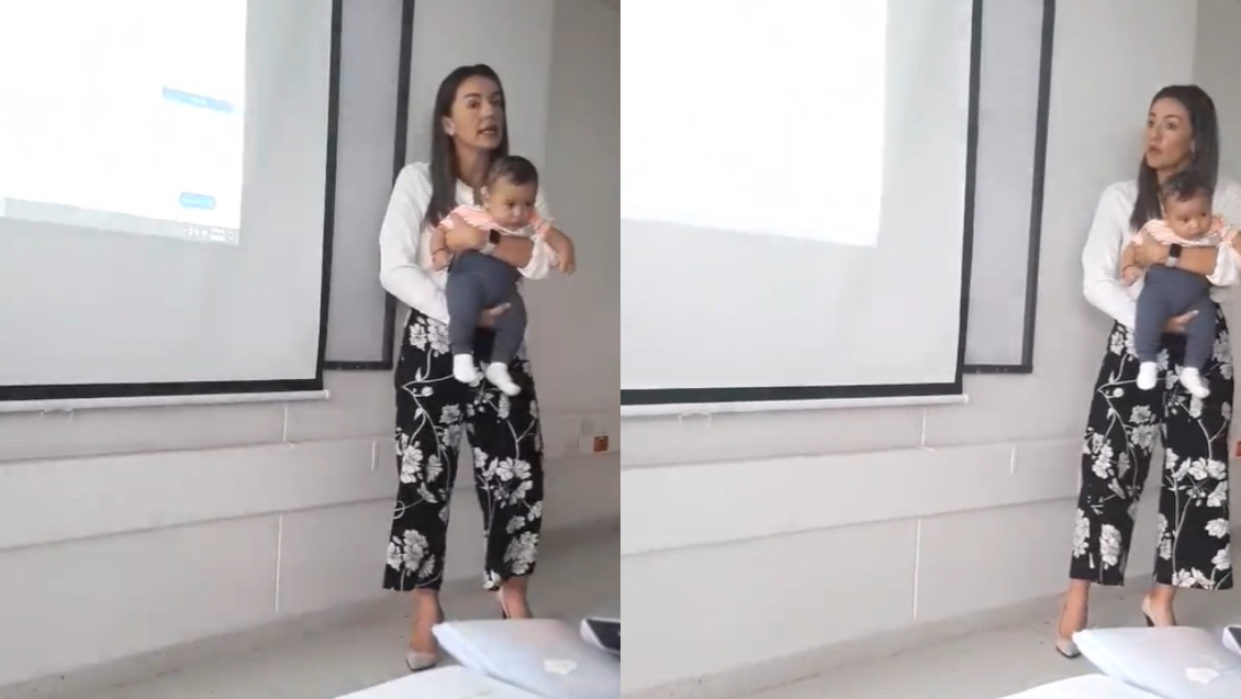 Profesora carga al bebé de su alumna para que pueda prestar atención en clases