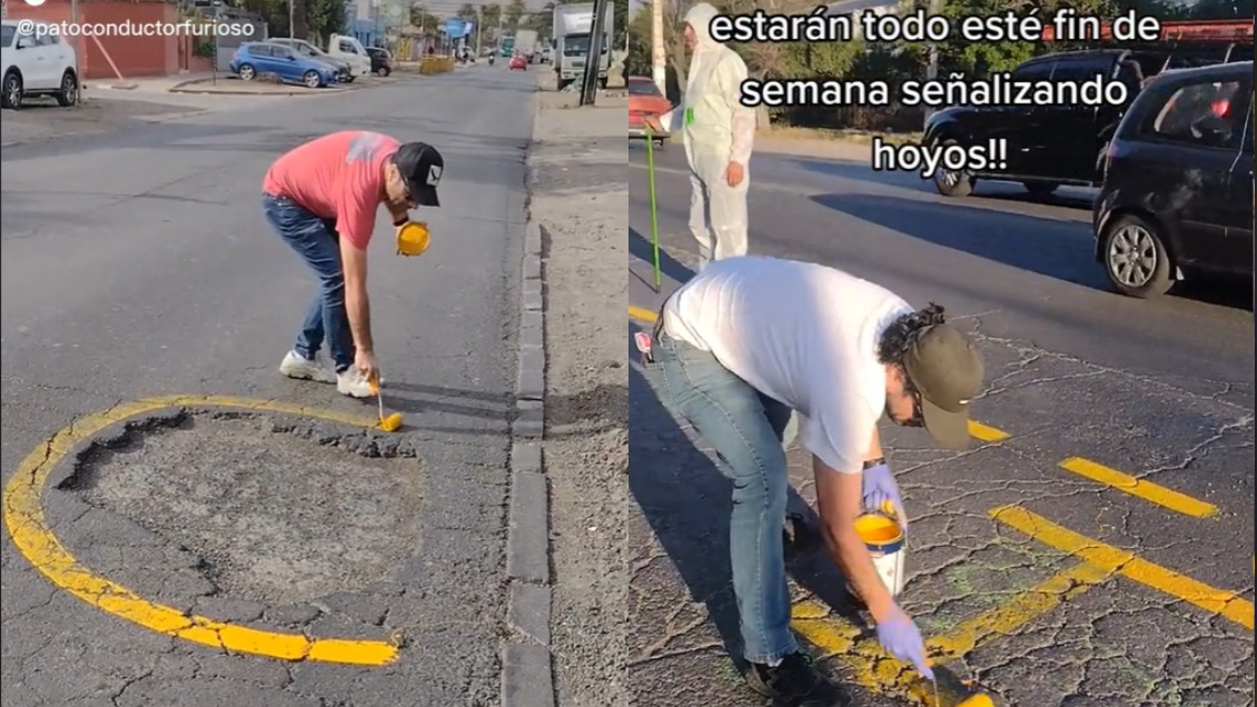 Tiktoker se viralizó tras marcar en amarillo los baches de las calles de Santiago