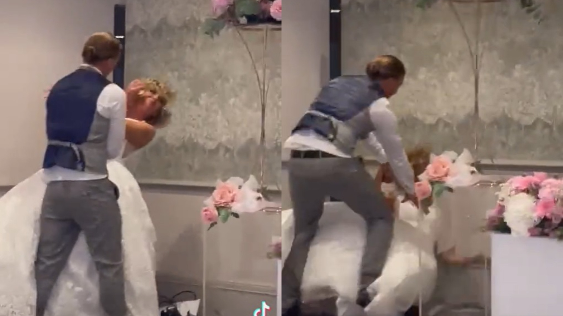 Novio dividió a redes sociales realizar particular broma a su esposa con el pastel de bodas