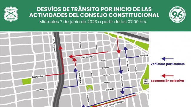 Los cortes de tránsito en el centro de Santiago para este miércoles por la instalación del Consejo Constitucional