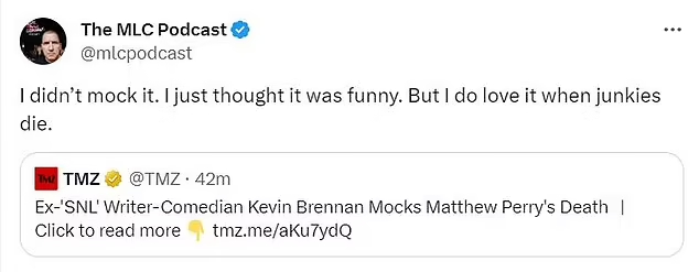 Comediante Kevin Brennan se burló de la muerte de Matthew Perry