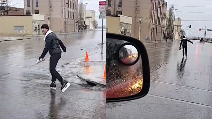   Hombre usó patines de hielo en las congeladas calles de Dakota del Norte 