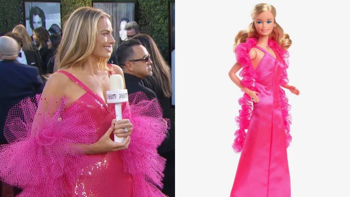Margot Robbie replicó vestido de Barbie de 1977 en los Globos de Oro