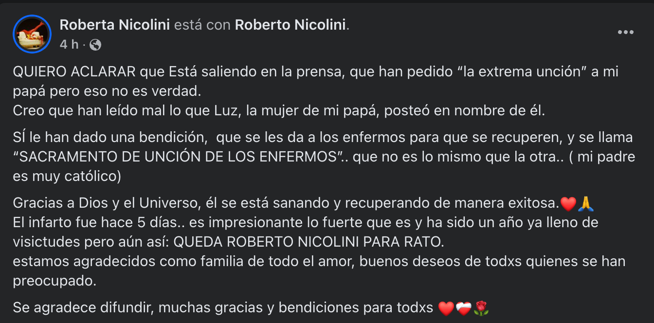 Hija de Roberto Nicolini aclaró el sacramento recibido por su padre