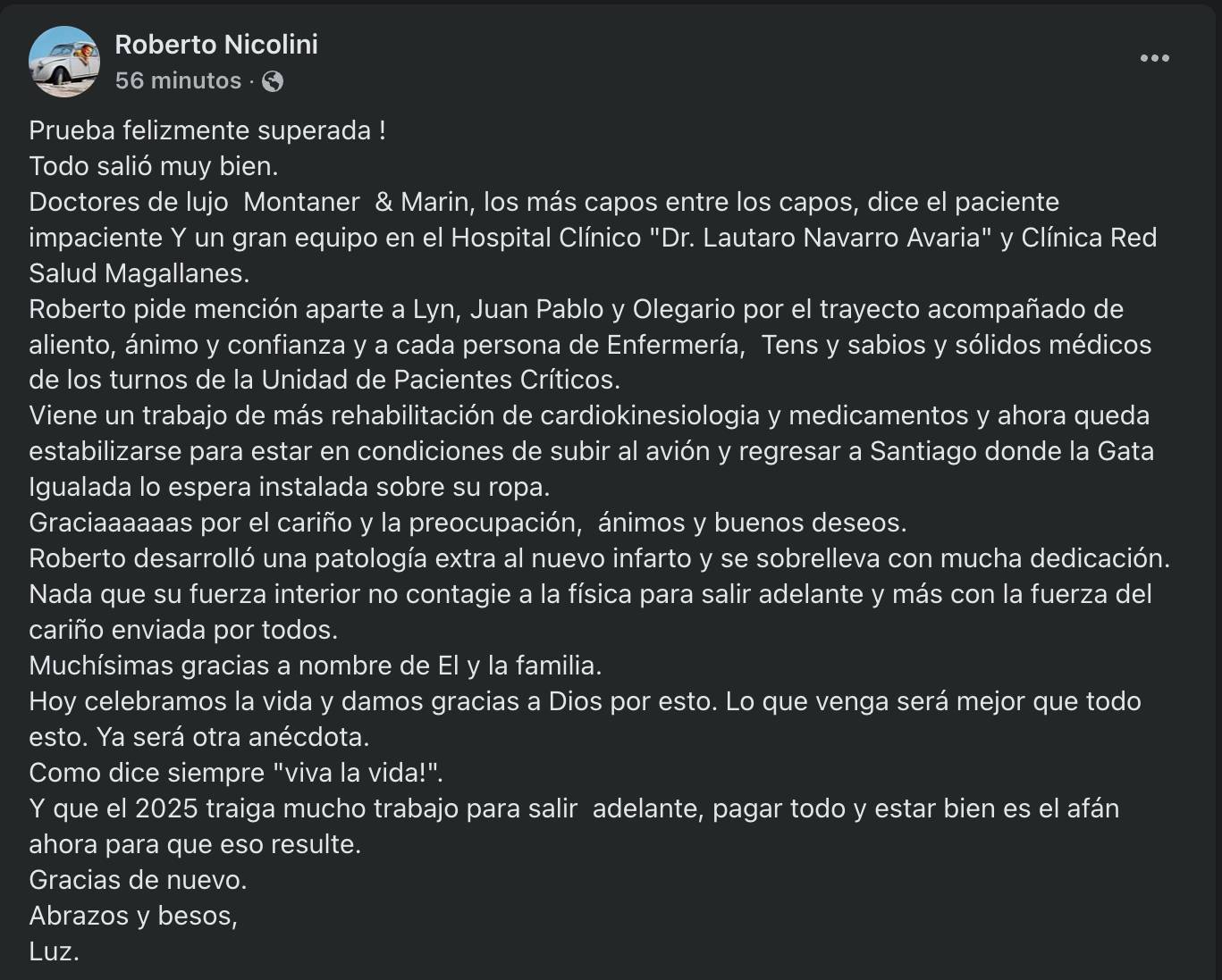 Roberto Nicolini actualizó su estado tras ser sometido a cirugía