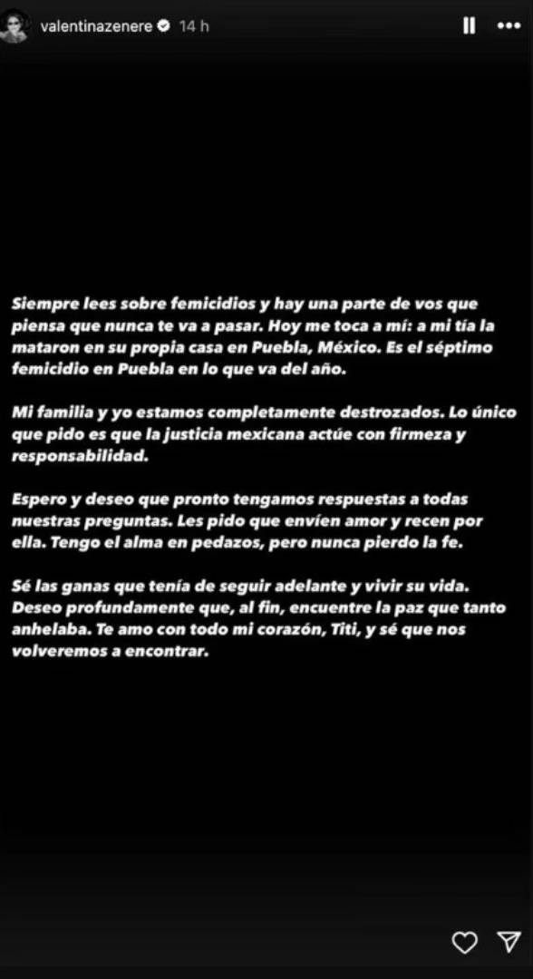 Valentina Zenere denunció el femicidio de su tía