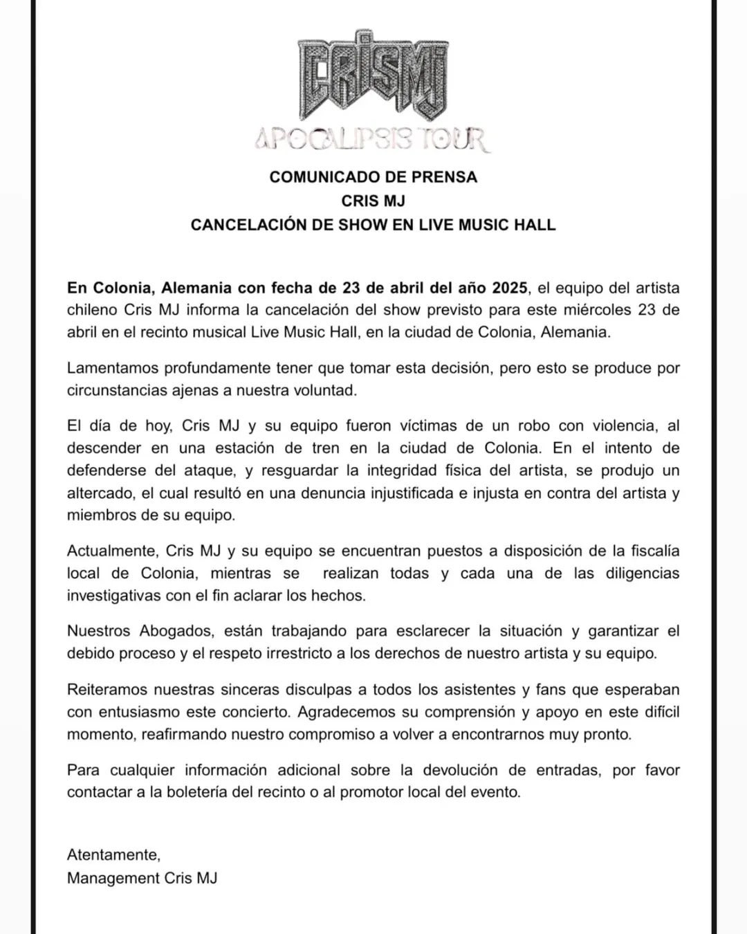 Cris MJ sufrió robo en Alemania: se encuentra bajo custodia policial tras altercado Cris MJ sufrió robo en Alemania: se encuentra bajo custodia policial tras altercado