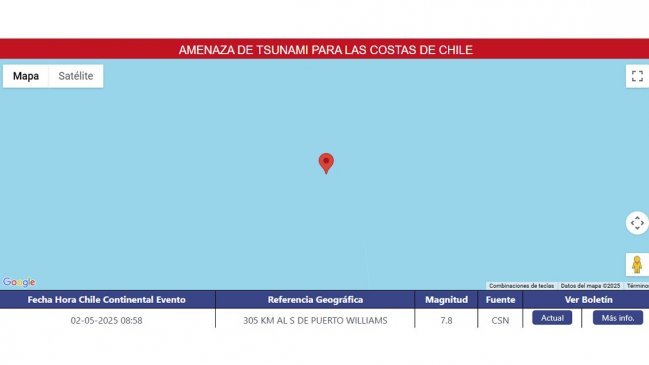 SHOA declara amenaza de tsunami por fuerte sismo en Magallanes