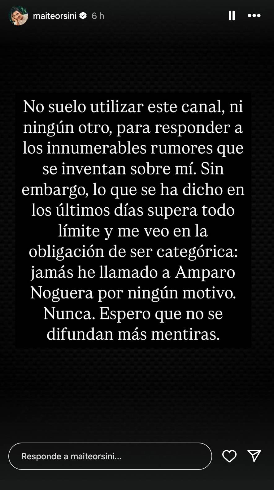 Maite Orsini desmintió llamado a Amparo Noguera para contarle que estuvo con Marcelo Alonso