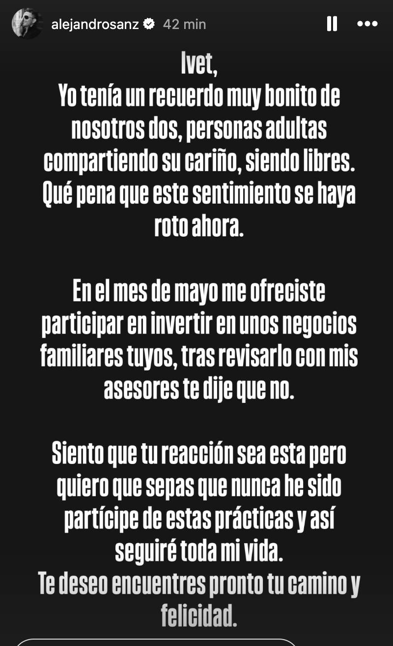 Alejandro Sanz responde a Ivet Playà: "Yo tenía un recuerdo bonito de nosotros