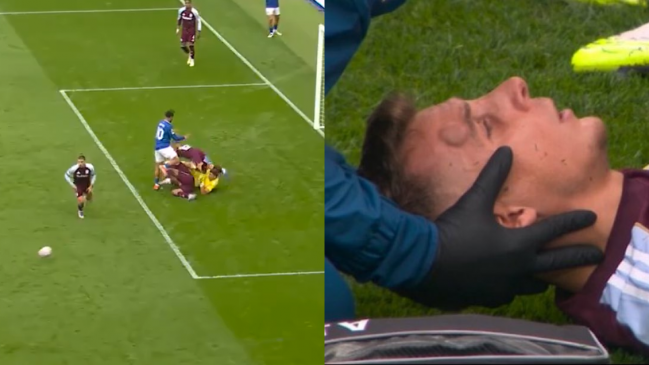 [VIDEO] Defensa de Aston Villa terminó con impactante chichón tras choque con 