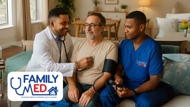 Médico y enfermero de FamilyMed atendiendo a un paciente en su domicilio