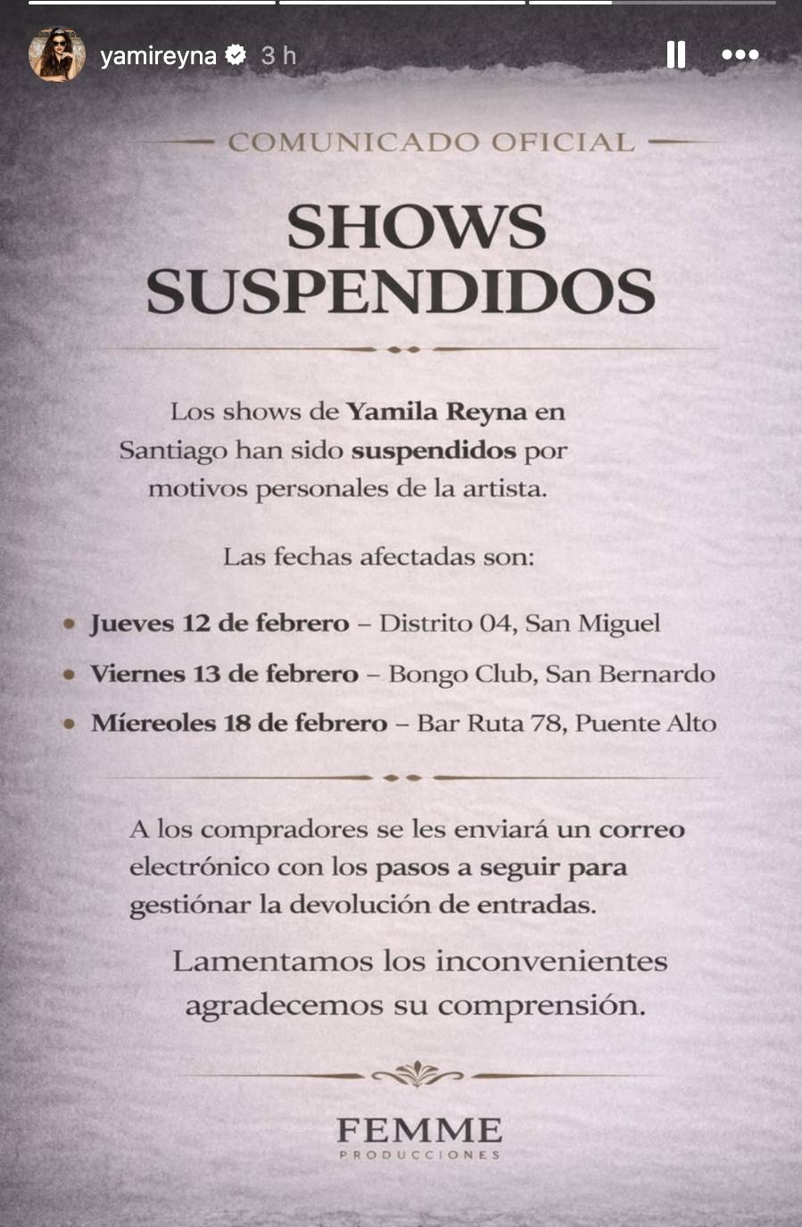 Yamila Reyna suspende shows en Santiago tras quiebre con Américo