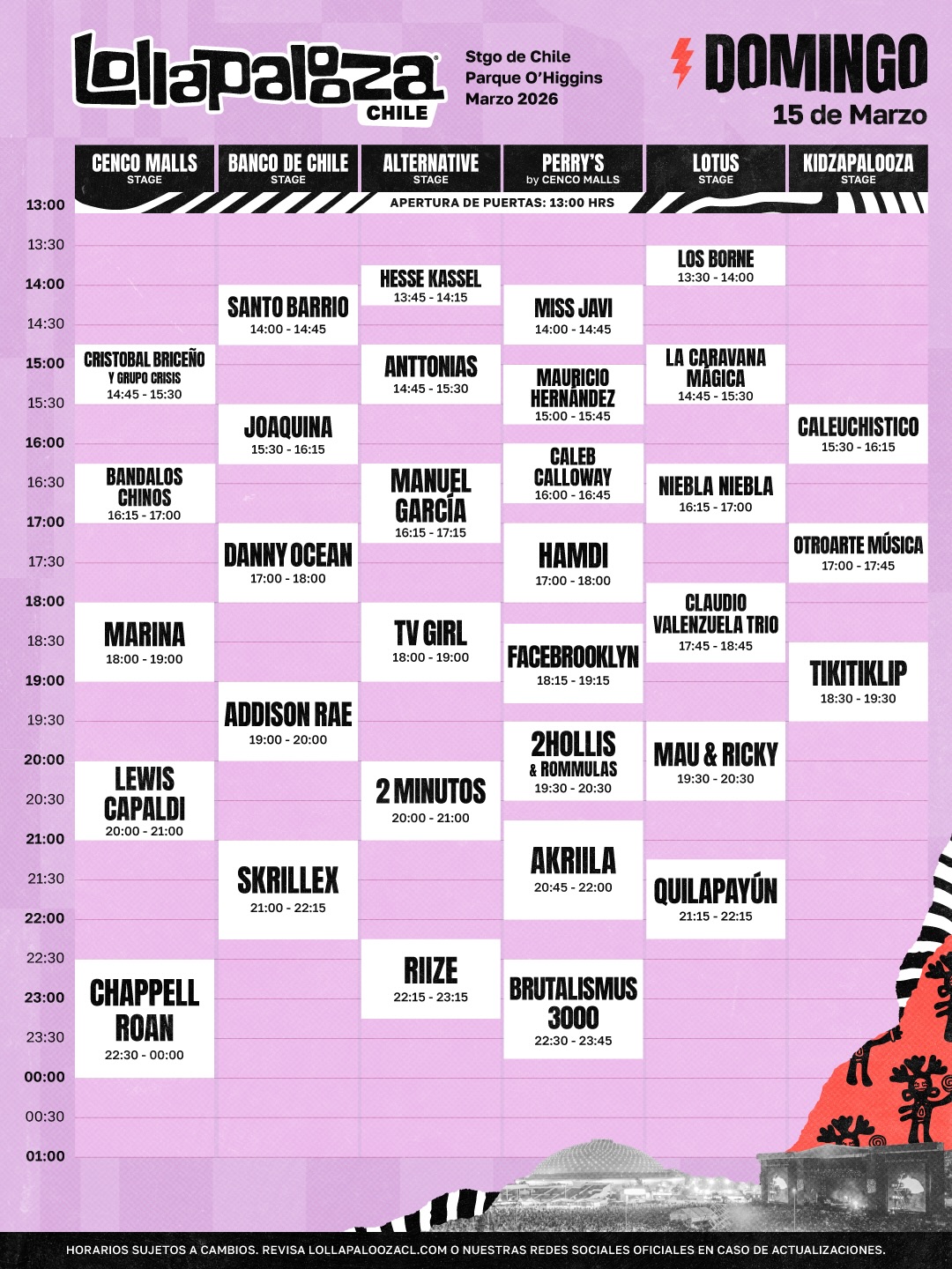 Lollapalooza Chile 2026: Estos son los horarios del día domingo