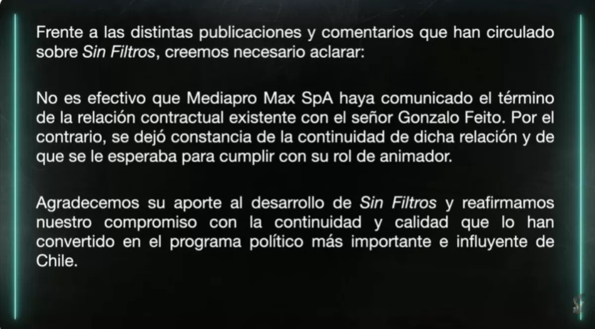 "Sin Filtros" desmintió despido de Gonzalo Feito