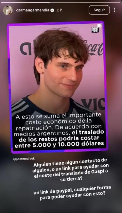Germán Garmendia ofreció ayuda para repatriar los restos de Gaspi Germán Garmendia ofreció ayuda para repatriar los restos de Gaspi
