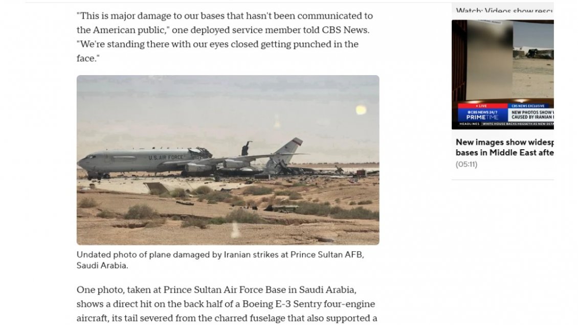 Cadena CBS reveló daños por ataques iraníes en bases militares de EE.UU.
