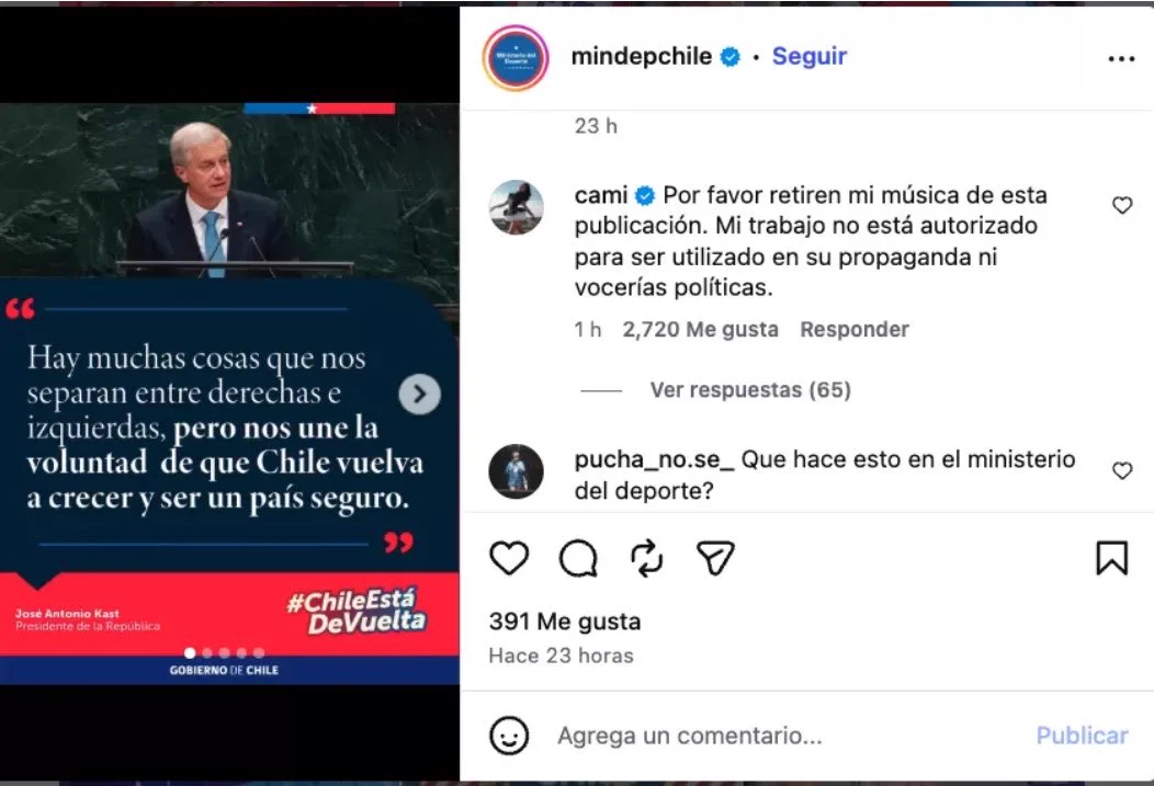 Cami Gallardo pidió al Mindep retirar su música de posteo